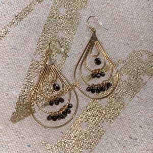 Chandelier Gold Plated Earrings with black stones